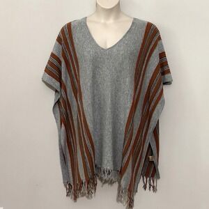 Mystree Womens Poncho Sweater OS Gray Cashmere Blend Fringe Boho Hippie Western
